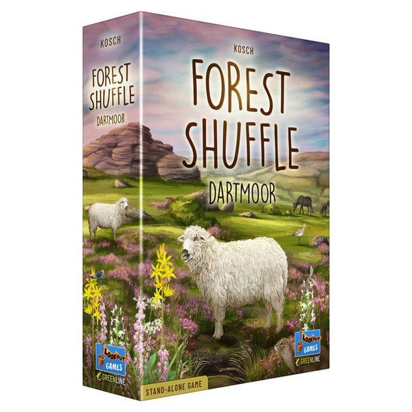 Forest Shuffle: Dartmoor Expansion - Forest Shuffle Dartmoor Expansion card game box featuring a sheep in a green meadow with flowers and hills under a blue sky.