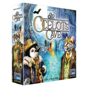 Sir Ocelot's Cave - Colorful game box featuring an anthropomorphic ocelot, badger, and leopard dressed in vintage explorer clothing against a.