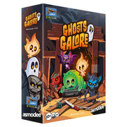 Ghosts Galore (PREORDER) - Board game box featuring colorful cartoon ghosts and creatures with glowing eyes in a dark wooden cellar setting.