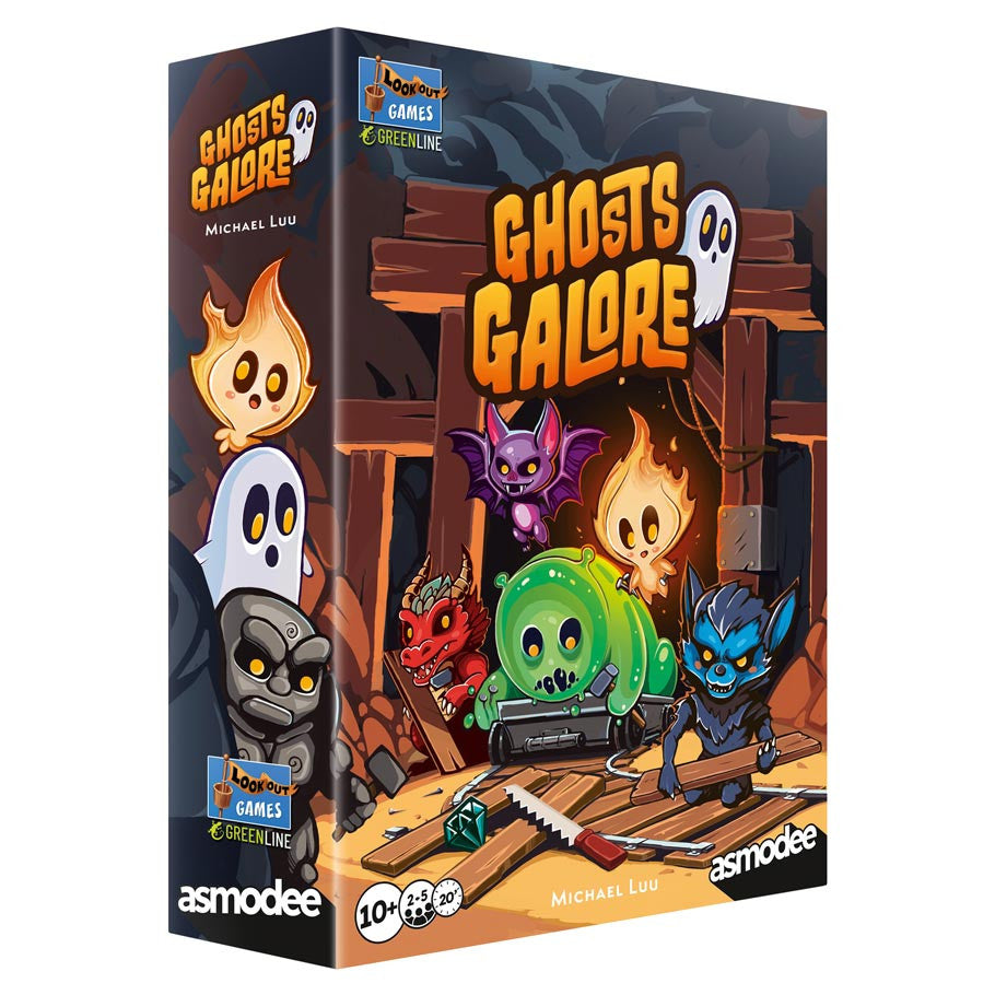 Ghosts Galore (PREORDER) - Board game box featuring colorful cartoon ghosts and creatures with glowing eyes in a dark wooden cellar setting.