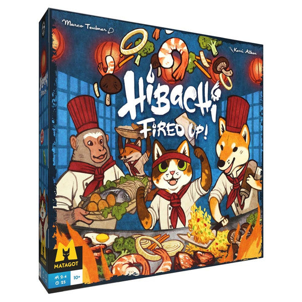 Hibachi: Fired Up! Expansion - Colorful board game box featuring anthropomorphic animals cooking Japanese hibachi food, with vibrant flames and ingredients.