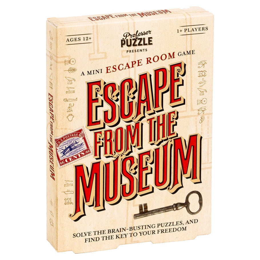 Escape from the Museum (PREORDER) - Beige escape room puzzle game box with bold red and black lettering and vintage key illustration.