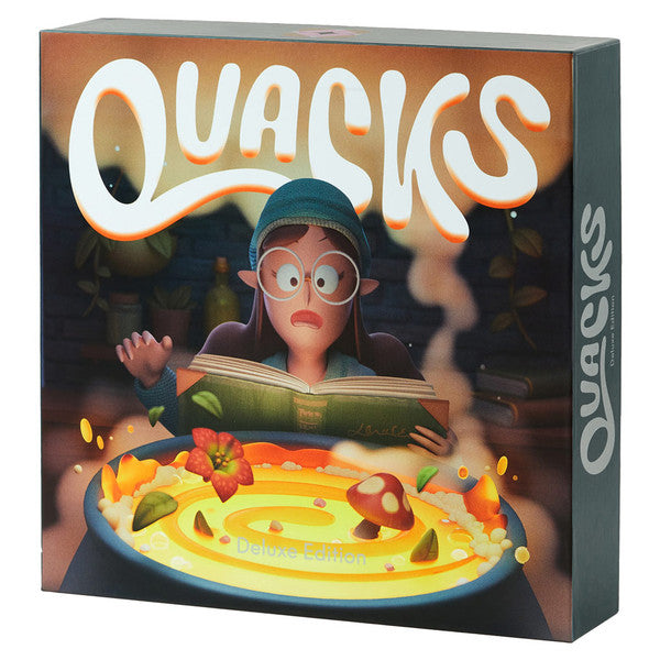 Quacks: Deluxe Edition - Board game box with colorful, whimsical artwork of a surprised character brewing a magical potion with mushrooms and herbs.