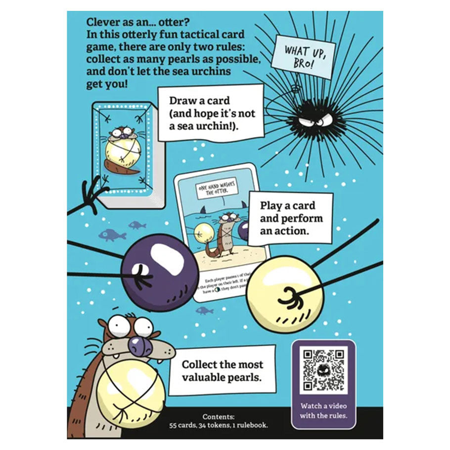 Otters (PREORDER) - Colorful game cards with cartoon otters, sea urchins, and a blue aquatic-themed background.