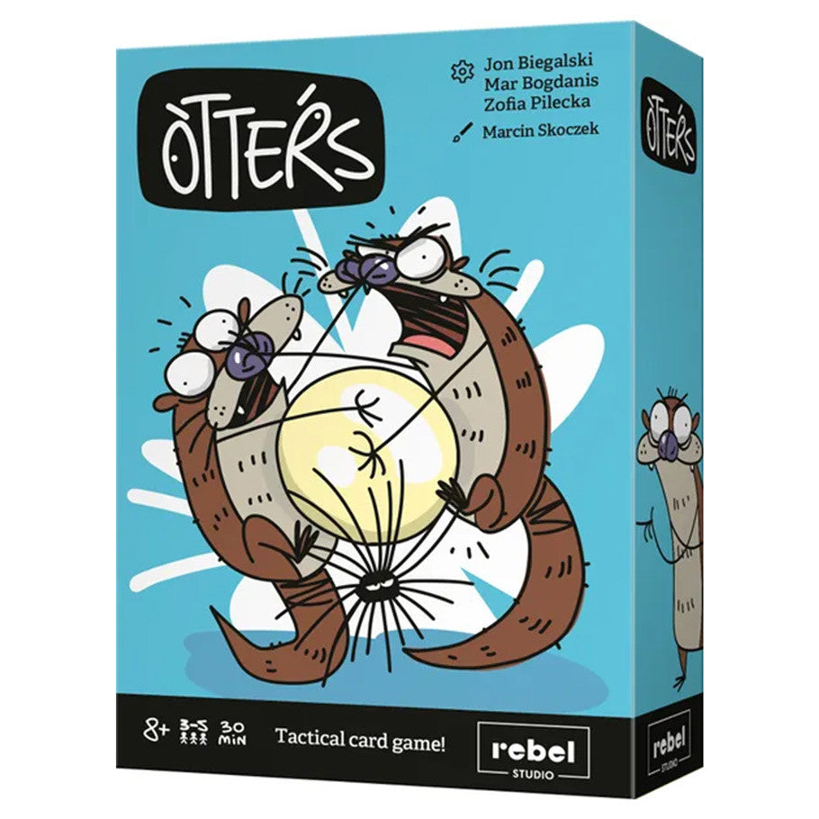 Otters (PREORDER) - Blue card game box featuring two cartoon otters holding a glowing lightbulb, playful design.