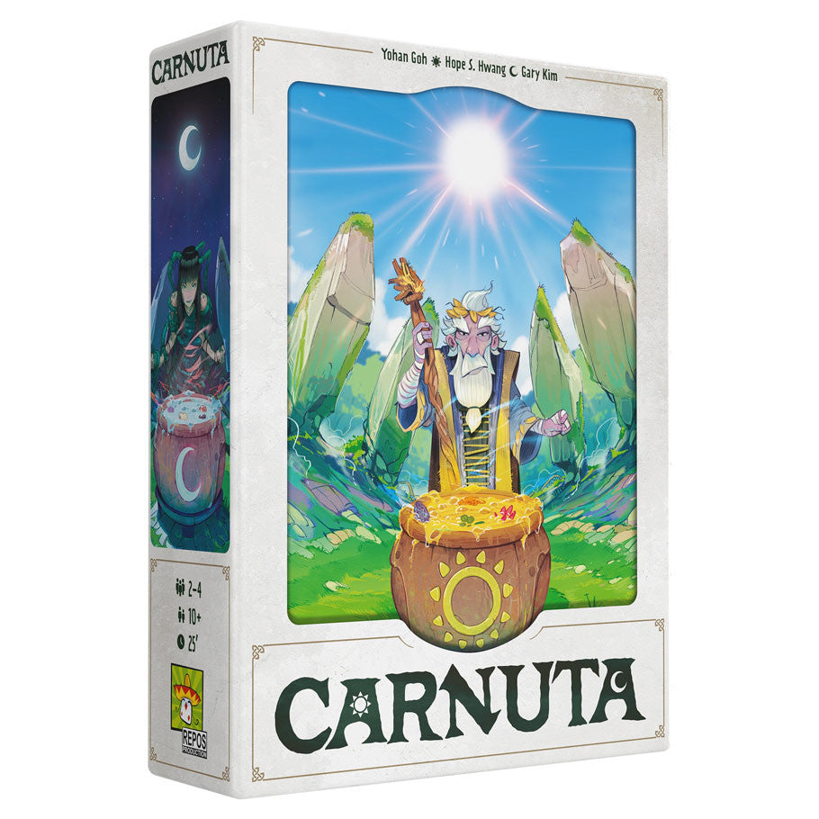 Carnuta - Carnuta board game box featuring vibrant fantasy art of a sunlit landscape with a wizard holding a glowing symbol above a.