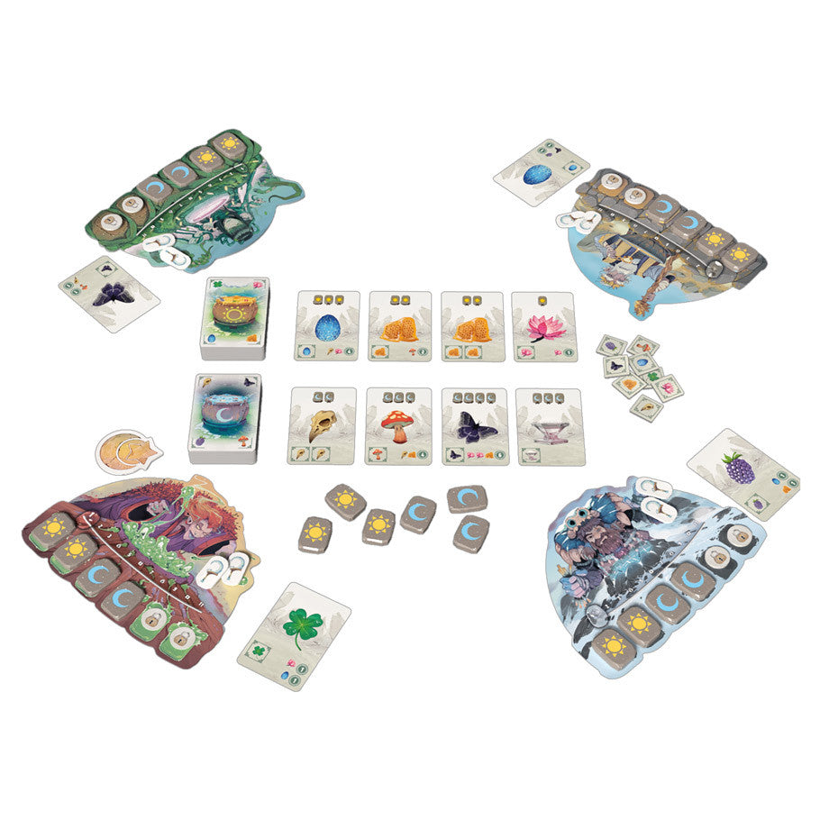 Carnuta - Board game setup with colorful player boards, themed cards featuring animals and objects, and dice tokens scattered on a.