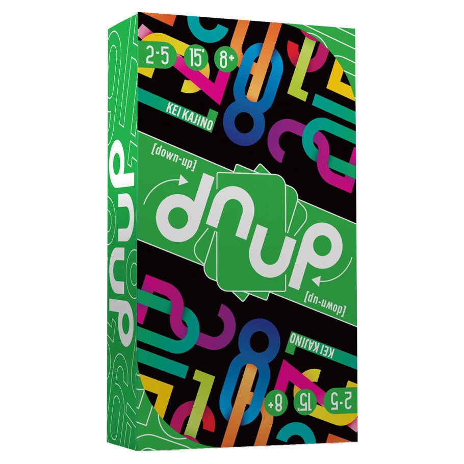 Dnup (PREORDER) - Colorful Dnup card game box with bold geometric shapes and stylized text on a green background.
