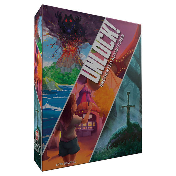 Unlock!: Enchanted Adventures - Colorful rectangular board game box with fantasy-themed illustrations and bold white title Unlock! Enchanted Adventures.