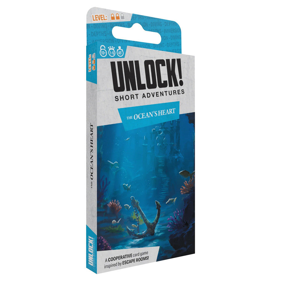 UNLOCK! Short: The Ocean's Heart - Compact rectangular card game box with underwater scene, showing a diver’s legs and ocean wildlife in blue tones.