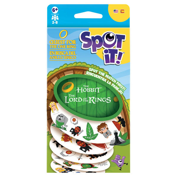 Spot It: LOTR - Brightly colored Spot It card game packaging featuring The Hobbit and The Lord of the Rings theme with round cards showing.
