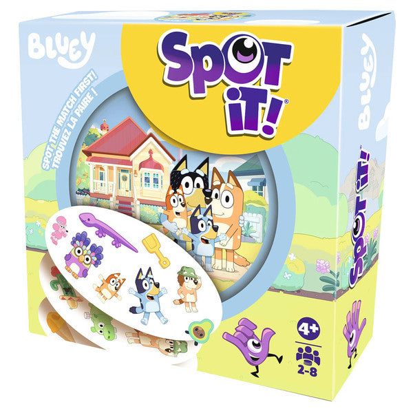 Spot It: Bluey - Colorful Spot It! game box featuring Bluey characters, designed for kids aged 4 and up with circular cards displaying.