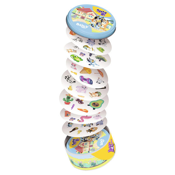 Spot It: Bluey - Round metal tin with colorful Bluey characters and circular playing cards featuring cartoon images for a matching game.
