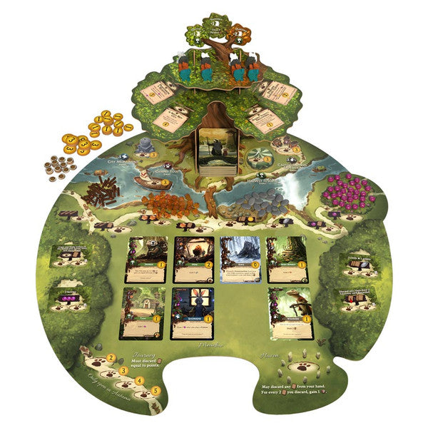 Everdell: Collectors Edition 3rd Edition - Everdell board shaped like a tree with colorful cards, wooden tokens, and collectible coin pieces arranged on a scenic.
