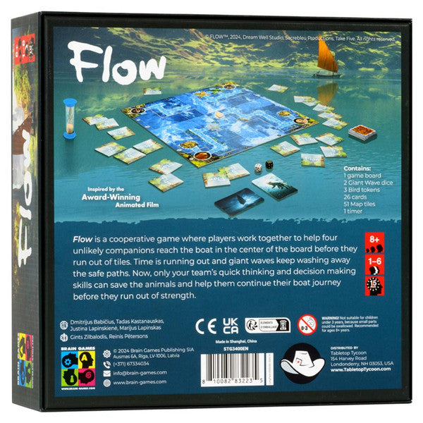 Flow - Board game box with colorful ocean-themed artwork, blue game board, and small character tokens.