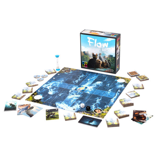 Flow - Board game set with blue ocean-themed square board, illustrated cards arranged around it, and a box featuring a sailing.