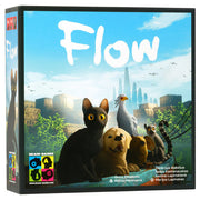 Flow - Board game box with a black cat, golden retriever puppy, white dove, and two meerkats against a cityscape and blue sky.