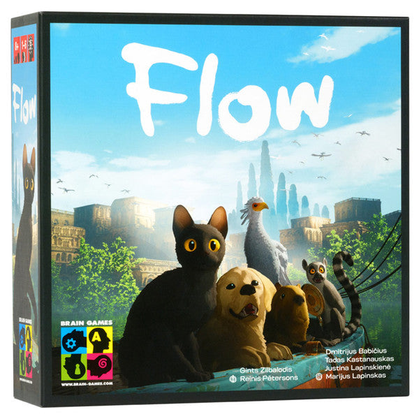 Flow - Board game box with a black cat, golden retriever puppy, white dove, and two meerkats against a cityscape and blue sky.