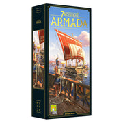 7 Wonders: Armada Expansion - Tall rectangular game box with ocean battle scene, featuring a red-striped sailing ship and a man in ancient attire on a.