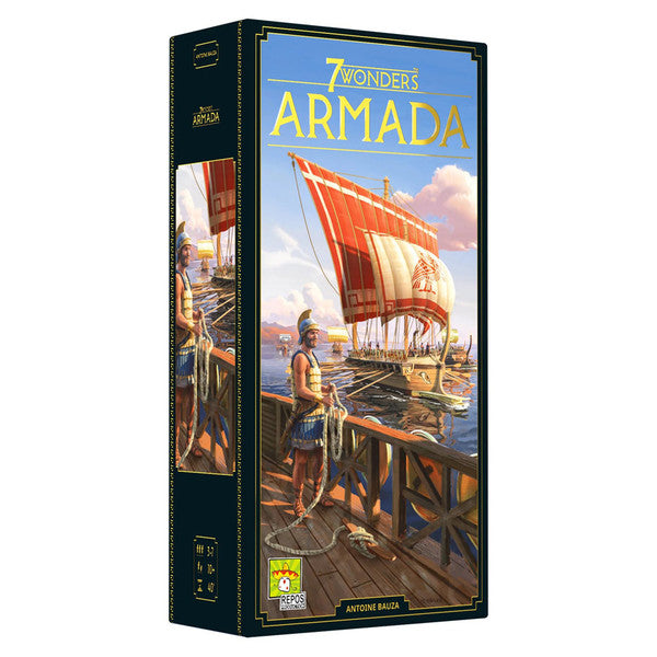 7 Wonders: Armada Expansion - Tall rectangular game box with ocean battle scene, featuring a red-striped sailing ship and a man in ancient attire on a.