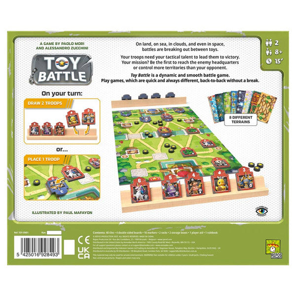 Toy Battle - Toy Battle board game with colorful illustrated battlefield, character cards, and player pieces on a green playing surface.