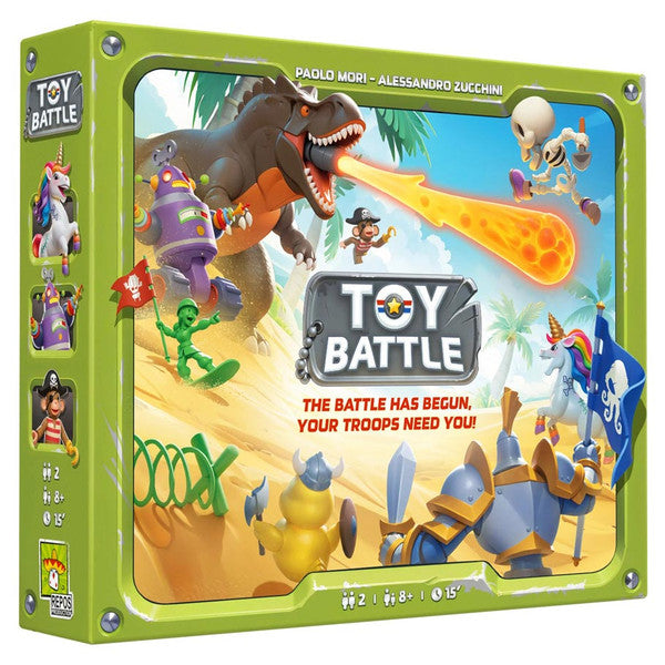 Toy Battle - Toy Battle board game box featuring colorful cartoon dinosaurs and knights with fire and weapons on a bright green.