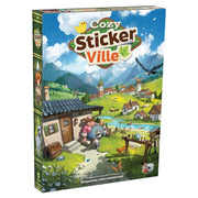Cozy Stickerville (PREORDER) - Cozy Sticker Ville board game box featuring colorful village illustration with mountains and farm animals.