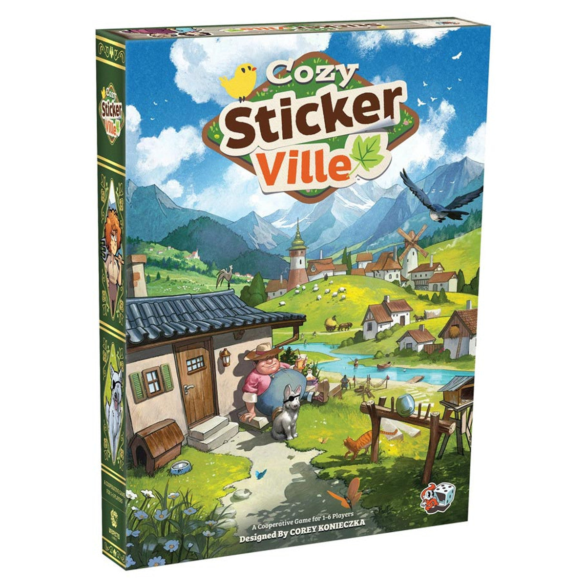 Cozy Stickerville (PREORDER) - Cozy Sticker Ville board game box featuring colorful village illustration with mountains and farm animals.