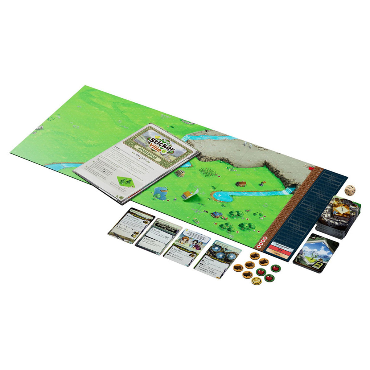 Cozy Stickerville (PREORDER) - Board game set featuring a green game board with illustrated terrain, cards, tokens, and player sheets laid out on a white.