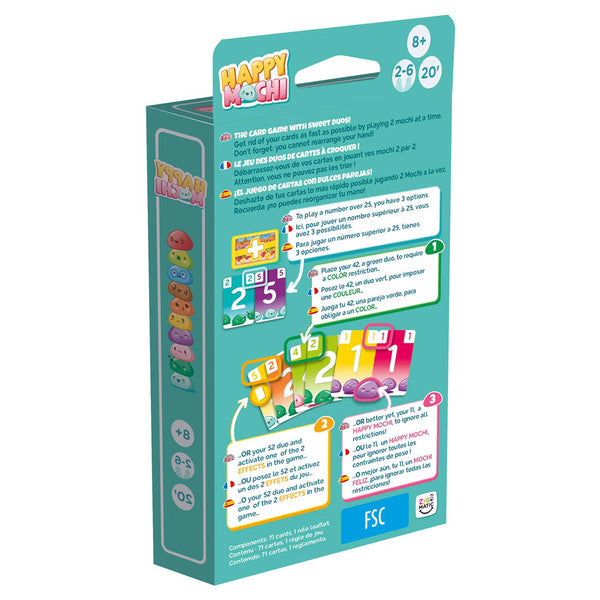 Happy Mochi (Eco Blister) - Happy Mochi card game packaging in teal blister pack with colorful cartoon mochi characters and instructional text on the.
