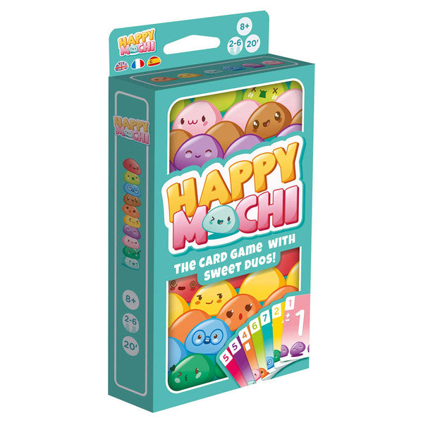Happy Mochi (Eco Blister) - Colorful Happy Mochi card game box with smiling mochi characters and five colorful game cards visible.