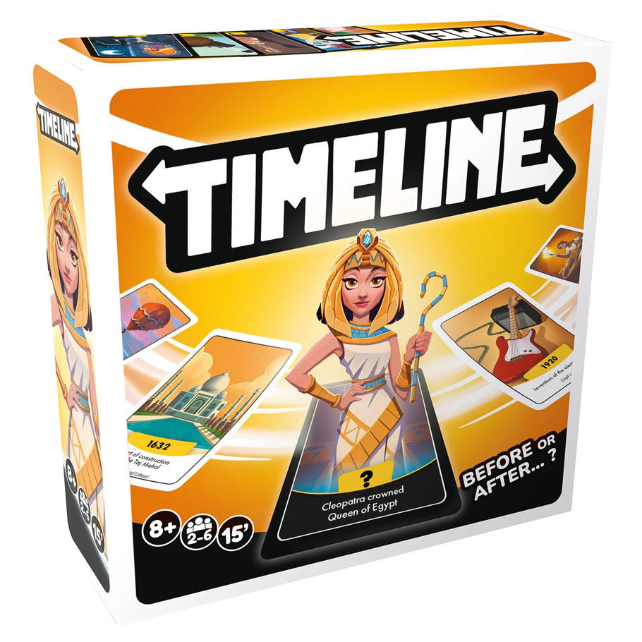 Timeline: 2025 Refresh - Compact rectangular box with bright yellow background, featuring a cartoon queen holding a staff and timeline cards fanned.