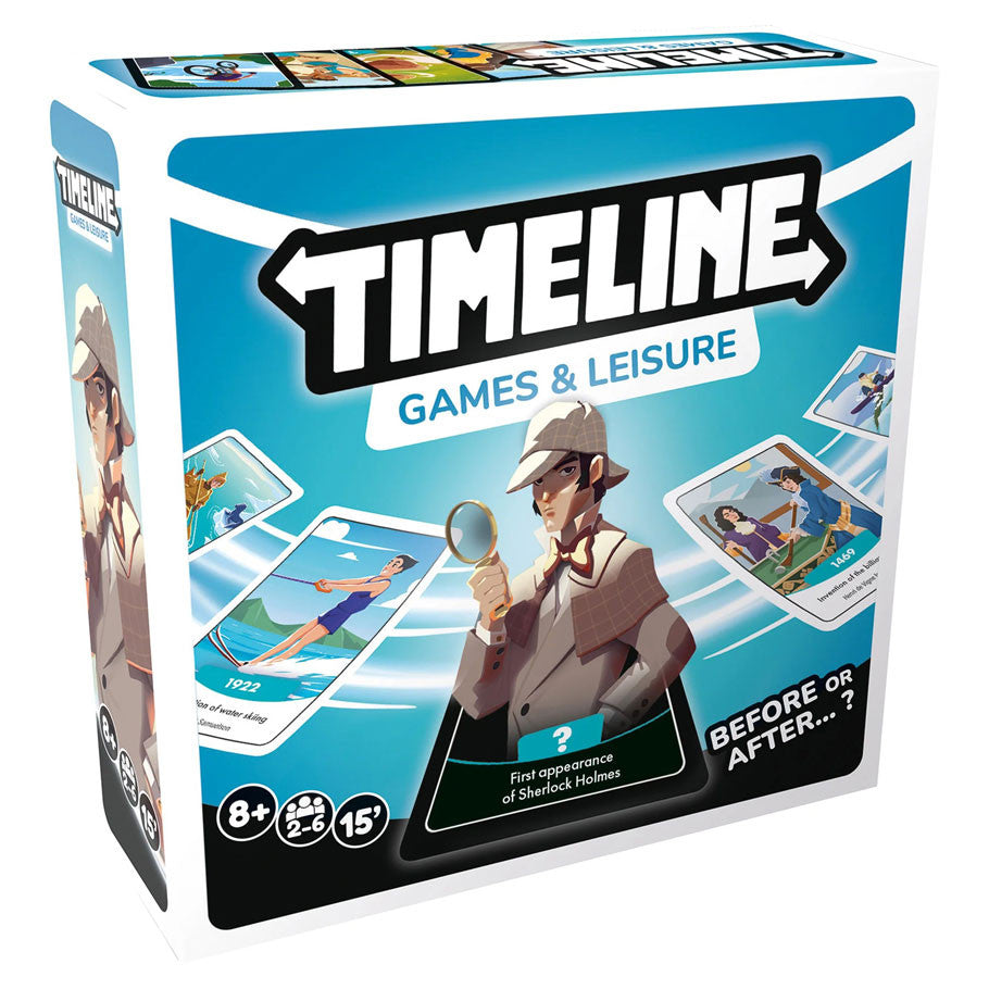 Timeline: Games & Leisure - Compact blue and white box for Timeline Games & Leisure party game featuring a detective illustration and timeline cards.