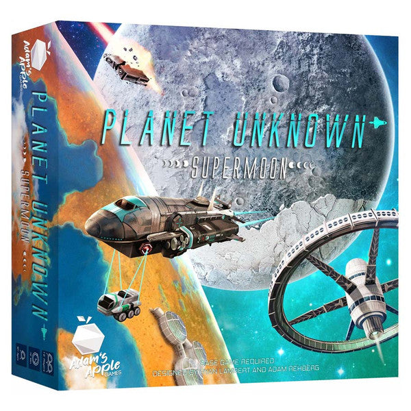 Planet Unknown: Supermoon Expansion - Board game box with a large detailed moon and a futuristic spaceship in space, titled Planet Unknown Supermoon Expansion.