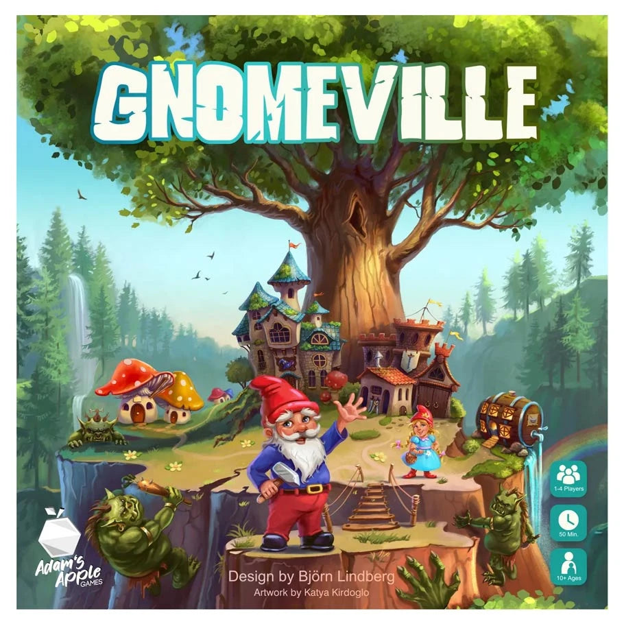 Gnomeville (PREORDER) - Colorful fantasy tabletop game box cover with a large tree, whimsical gnome houses, and playful gnome characters under the.