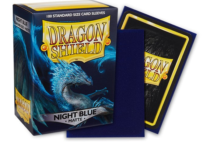Dragon Shield 100ct Box - Matte Night Blue - Box of 100 matte night blue card sleeves with Dragon Shield logo and dragon illustration on packaging.