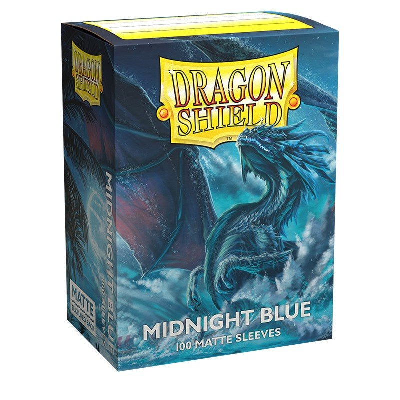 Dragon Shield 100ct Box - Matte Midnight Blue - Box of Dragon Shield card sleeves featuring matte midnight blue design with a dragon illustration.