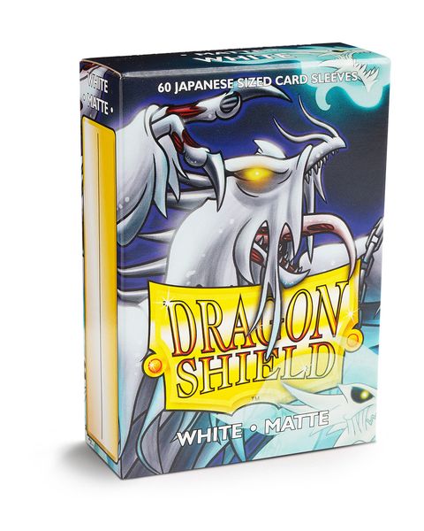 Dragon Shield Japanese Size Sleeves 60ct - Matte White - Box of 60 matte white Japanese card sleeves with dragon-themed artwork on packaging.