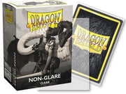 Dragon Shield 100ct Box - Non-Glare Clear - Box of Dragon Shield card sleeves with dragon artwork, clear non-glare sleeves displayed atop the box.