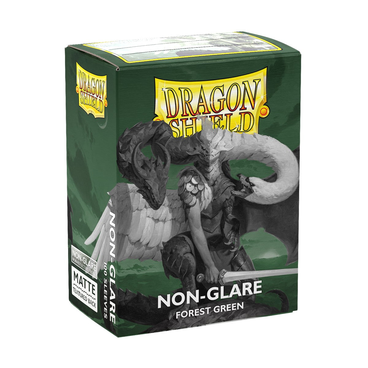 Dragon Shield 100ct Box - Non-Glare Forest Green - Matte forest green card sleeves box with dragon illustration and Dragon Shield logo in yellow.