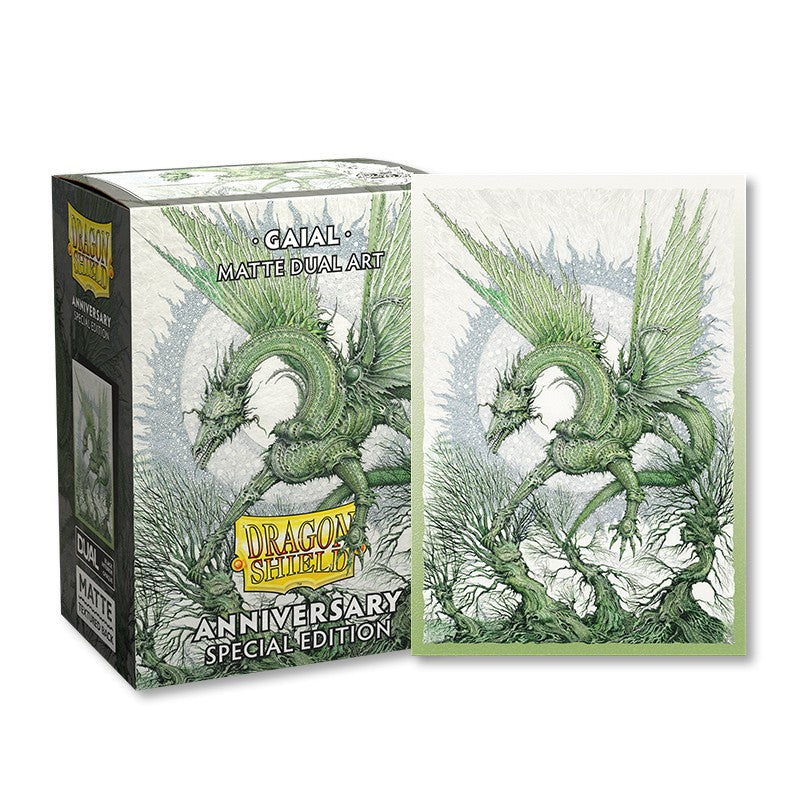 Dragon Shield Sleeves - 100ct Box Dual Matte Archive Limited Reprint - Gaial - Box of 100 matte green Dragon Shield card sleeves featuring a detailed green wyvern illustration on the front.