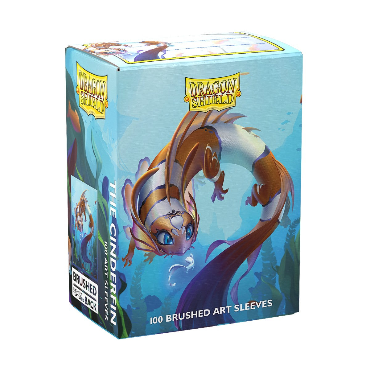Dragon Shield Standard Brushed Art Sleeves 100ct: Spirit Dragon - The Cinderfin - Blue and brown fantasy dragon illustration on a rectangular box of 100 Dragon Shield card sleeves.