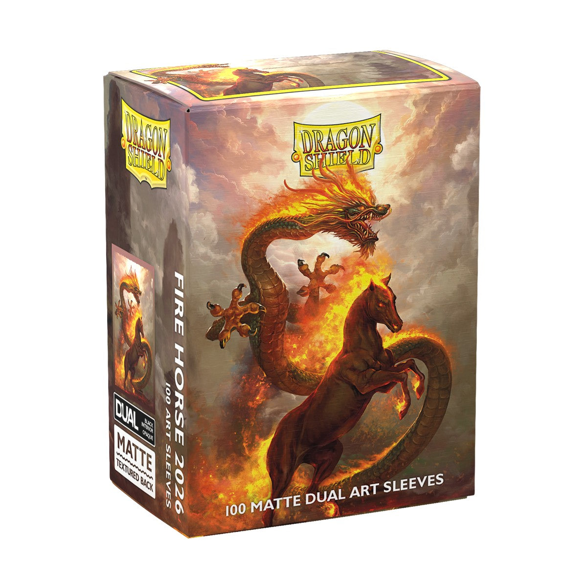 Dragon Shield Standard Matte Art Sleeves 100ct - Lunar New Year 2026 - Fire Horse - Box of 100 matte card sleeves featuring fiery dragon and horse artwork on dark, smoky background.