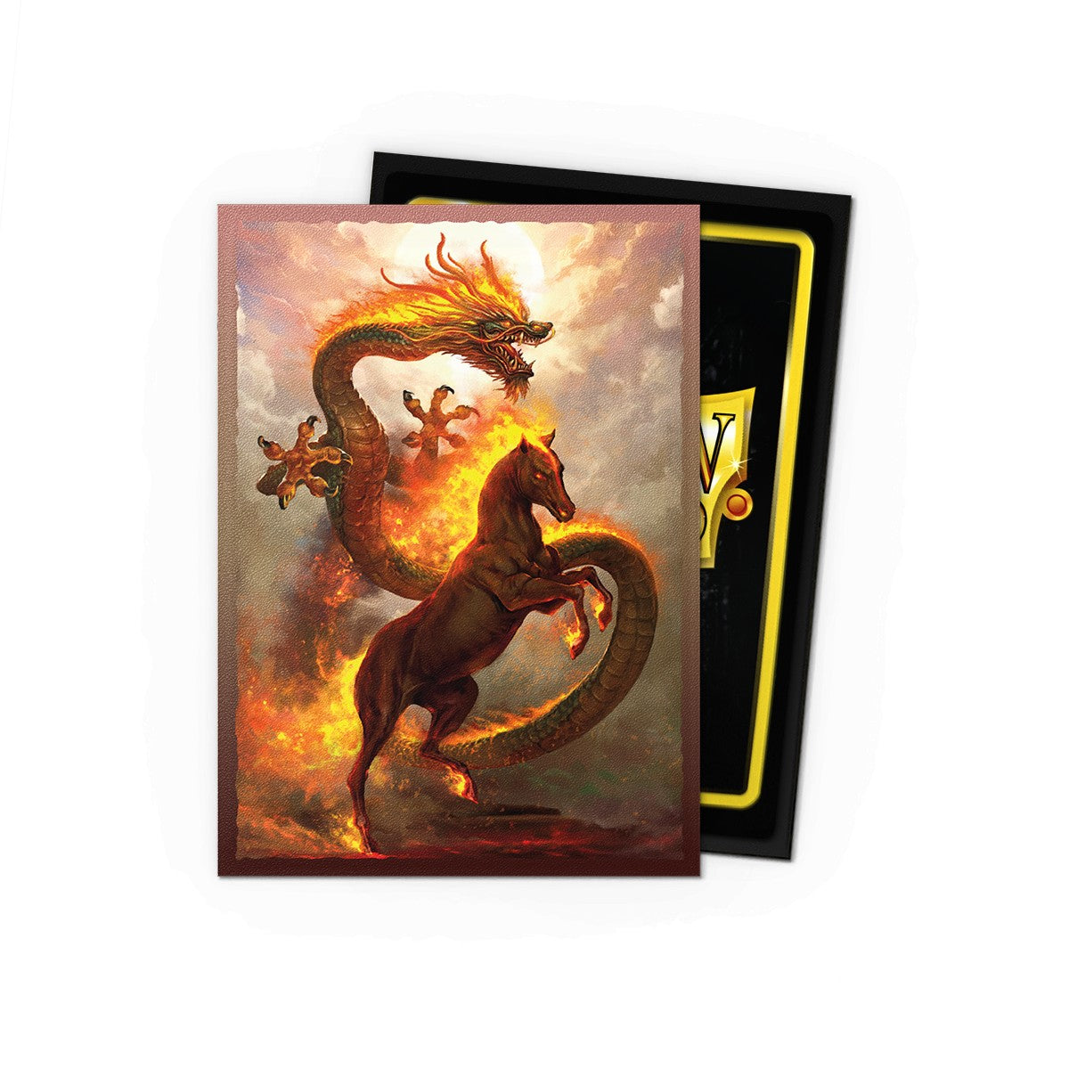 Dragon Shield Standard Matte Art Sleeves 100ct - Lunar New Year 2026 - Fire Horse - Card sleeves featuring a matte finish with a fiery horse rearing in front of a glowing dragon on a dark, smoky background.