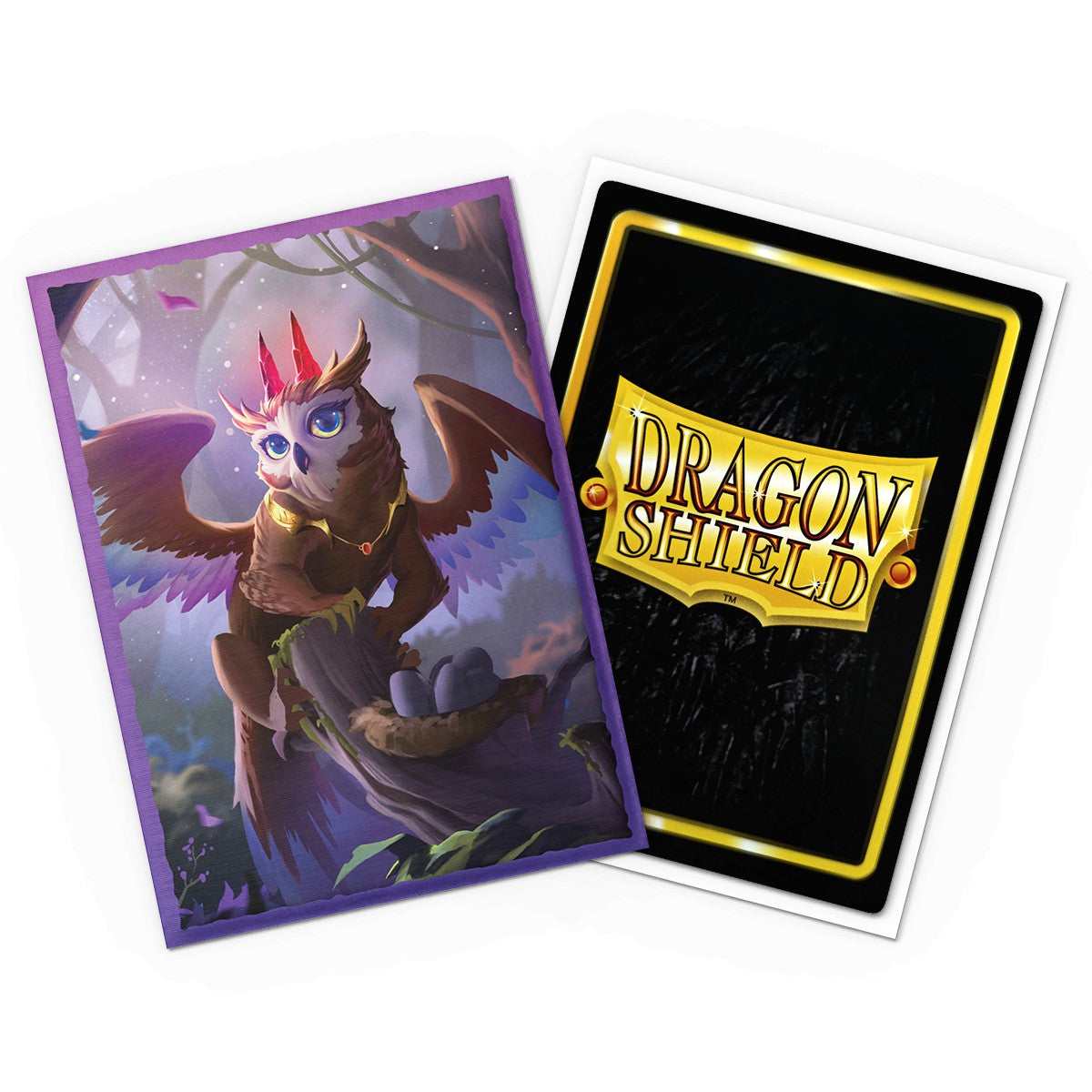 Dragon Shield Standard Brushed Art Sleeves: Spirit Animals - The Dragowlis (PREORDER) - Card sleeves featuring a purple border and artwork of a fantasy owl-dragon hybrid with red feathers and glowing eyes, paired