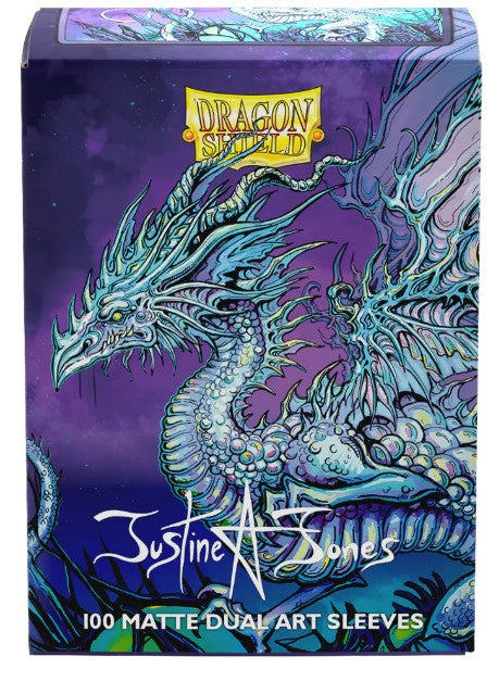 Dragon Shield Dual Matte Art Sleeves: The Justhera (PREORDER) - Purple card sleeves featuring a detailed blue dragon with intricate scales and wings, Dragon Shield logo in yellow at the.