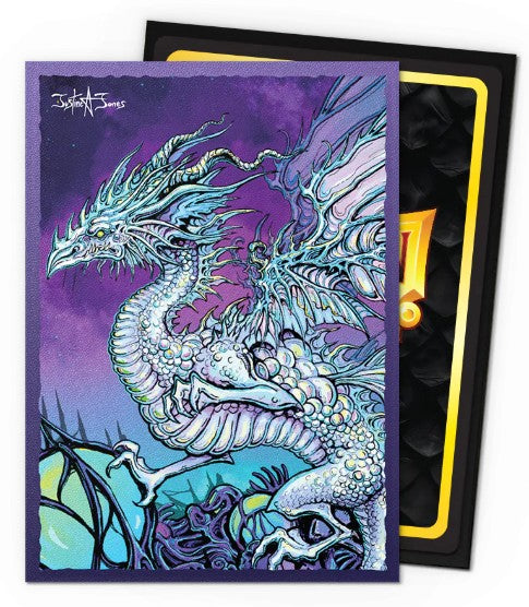 Dragon Shield Dual Matte Art Sleeves: The Justhera (PREORDER) - Card sleeves featuring a detailed white dragon with blue and purple accents on a purple background.