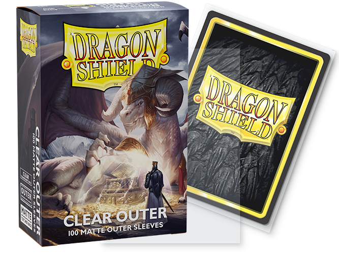 Dragon Shield Sleeves: Outer Sleeves Standard Matte - Clear 100CT - Clear matte card sleeves in rectangular packaging with fantasy-themed Dragon Shield logo and artwork.