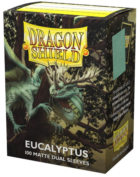 Dragon Shield Dual Sleeves 100ct Box - Matte Eucalyptus - Box of 100 matte eucalyptus green card sleeves with dragon artwork and Dragon Shield branding.