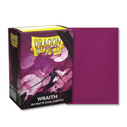 Dragon Shield Dual Sleeves 100ct Box - Matte Wraithe - Matte purple card sleeves next to Dragon Shield Dual Sleeves 100ct Wraithe box with purple dragon art.